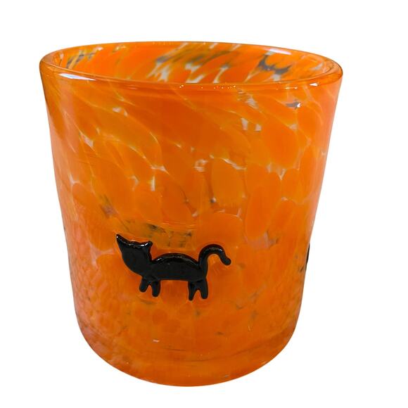 Halloween CAT Inlay Double Old Fashioned Glass Set of 2 Spooky Orange New - Picture 7 of 10